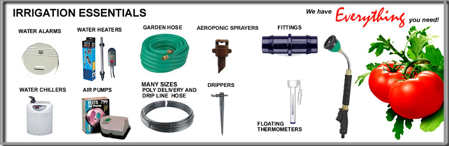 Water chillers, heaters, aeroponic sprayers, poly pipe. 
